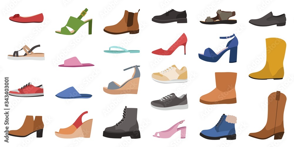 Shoes. Mens, womens and childrens footwear different types, trendy casual, stylish elegant glamour and formal shoes cartoon vector set