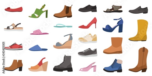 Shoes. Mens, womens and childrens footwear different types, trendy casual, stylish elegant glamour and formal shoes cartoon vector set