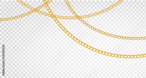 Golden chain. Luxury chains different shapes, realistic gold links jewelry, metal golden elements repeating pattern, vector set