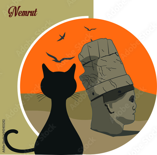 The cat that watches beautiful Nemrut – illustration - Vector illustration and silhouette drawing Adiyaman, Turkey - Vintage Nemrut Mountain Poster Design