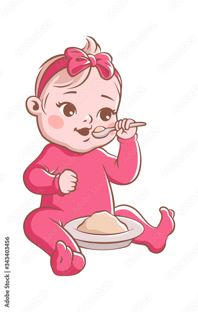 Baby girl eating. Cute newborn and healthy food from plate, isolated vector happy child Baby girl eating. Cute newborn and healthy food from plate, isolated vector happy child