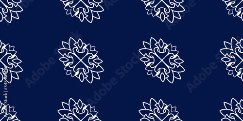 White ornament on blue seamless pattern. Vintage, paisley elements. Ornamental traditional, ethnic, turkish. Great for fabric and textile, wallpaper, packaging or any idea.