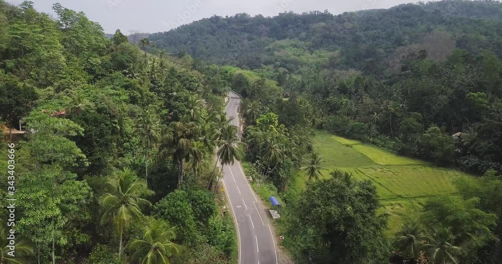 Aerial drone shot of single road through Sri Lanka rainforest next to small agriculture fields. Aerial drone shot of single road through Sri Lanka rainforest next to small agriculture fields.