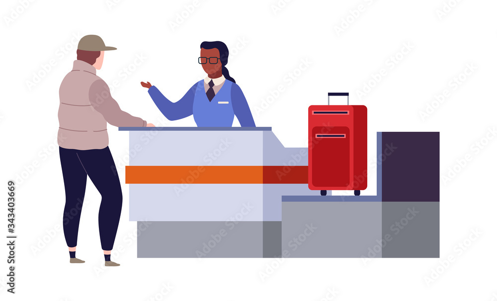 Check in airport terminal. Border security and traveler with bags standing at scanning conveyor vector travel concept Check in airport terminal. Border security and traveler with bags standing at scanning conveyor vector travel concept