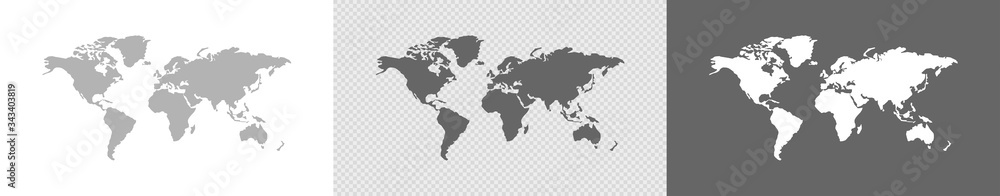 World map set on white, transparent background. Isolated vector