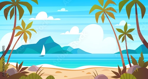 Sea landscape. Tropical beach, ocean seashore. Paradise island panorama with palm tree, exotic resort summer vacation cartoon vector concept