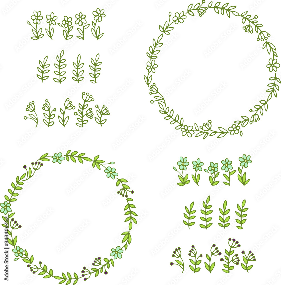 Naklejka Vector set: hand drawn linear and pastel color floral frames or wreaths from simple flowers , leaves and berries. Isolated on white elements for design cards, invitations, textile.