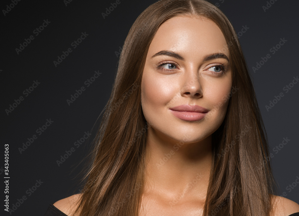 Beautiful woman tanned skin long brunette smooth hair face macro clean fresh skin spa concept Beautiful woman tanned skin long brunette smooth hair face macro clean fresh skin spa concept