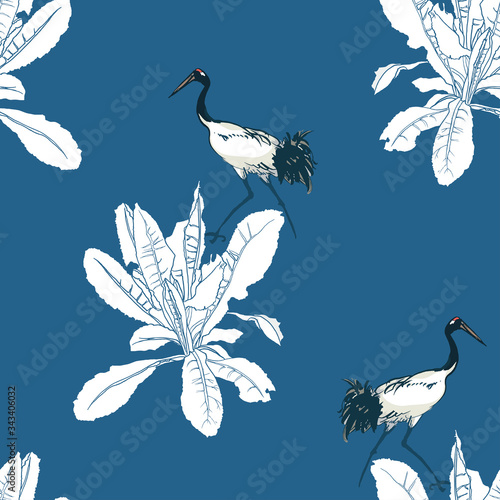 Seamless Pattern Black Tail Crane in Primula Leaves on Blue Background Chinoiserie, Silhouette Floral Print Monochrome Color, Oriental Hand Drawn Illustration, Birds in Plants