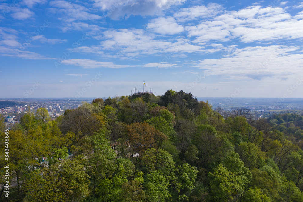 Aerial view on Union of Lublin Mound in High Castle Mountain in Lviv, Ukraine from drone