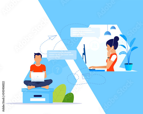 Support manager with headset remote helps a young man in solving his problem. Support service concept. Live chat operator or Online customer support service assistant.