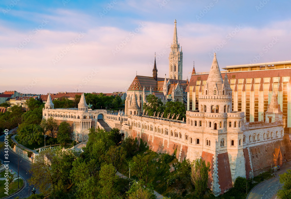 Naklejka premium Hungary Budapest. Amazing aerial cityscape about the famous historical tourist attraction which name is Fisherman bastion. Fantastic spring mood early in the morning.