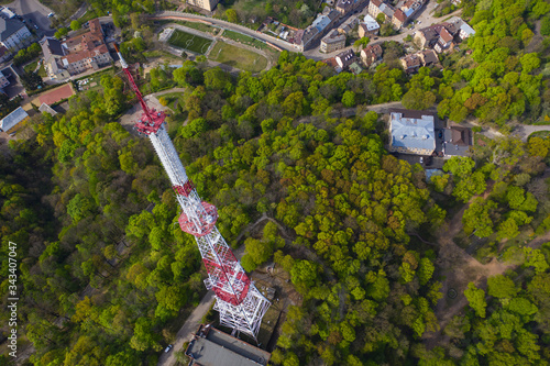 Aerial view on Television Tower in High Castle Mountain in Lviv, Ukraine from drone