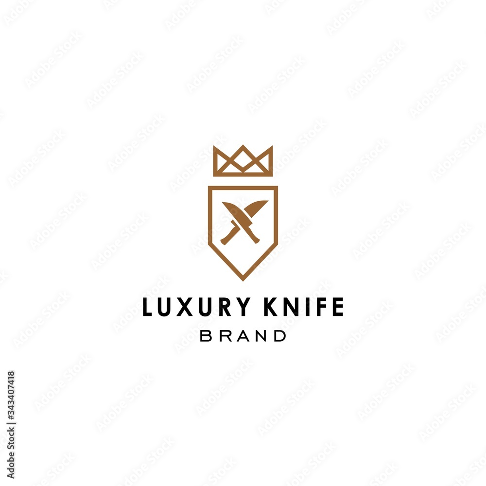 Fototapeta premium kitchenware utensil knife logo icon brand in elegant and luxury style with crown elemet, in trendy linear line illustration