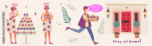 Contactless delivery of homemade cakes. Vector illustration.