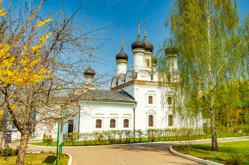 Moscow, Russia. Church of the Intercession Of the Holy mother of God in brattsevo on a Sunny spring morning against a blue sky. The Russian Orthodox Church is a classic temple.