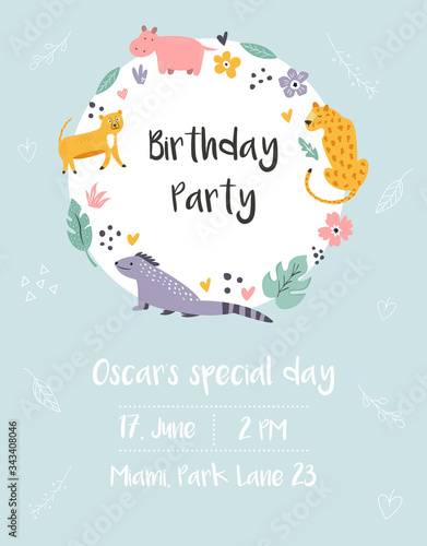 Baby Shower, Birthday invitation card with animals and floral ornament