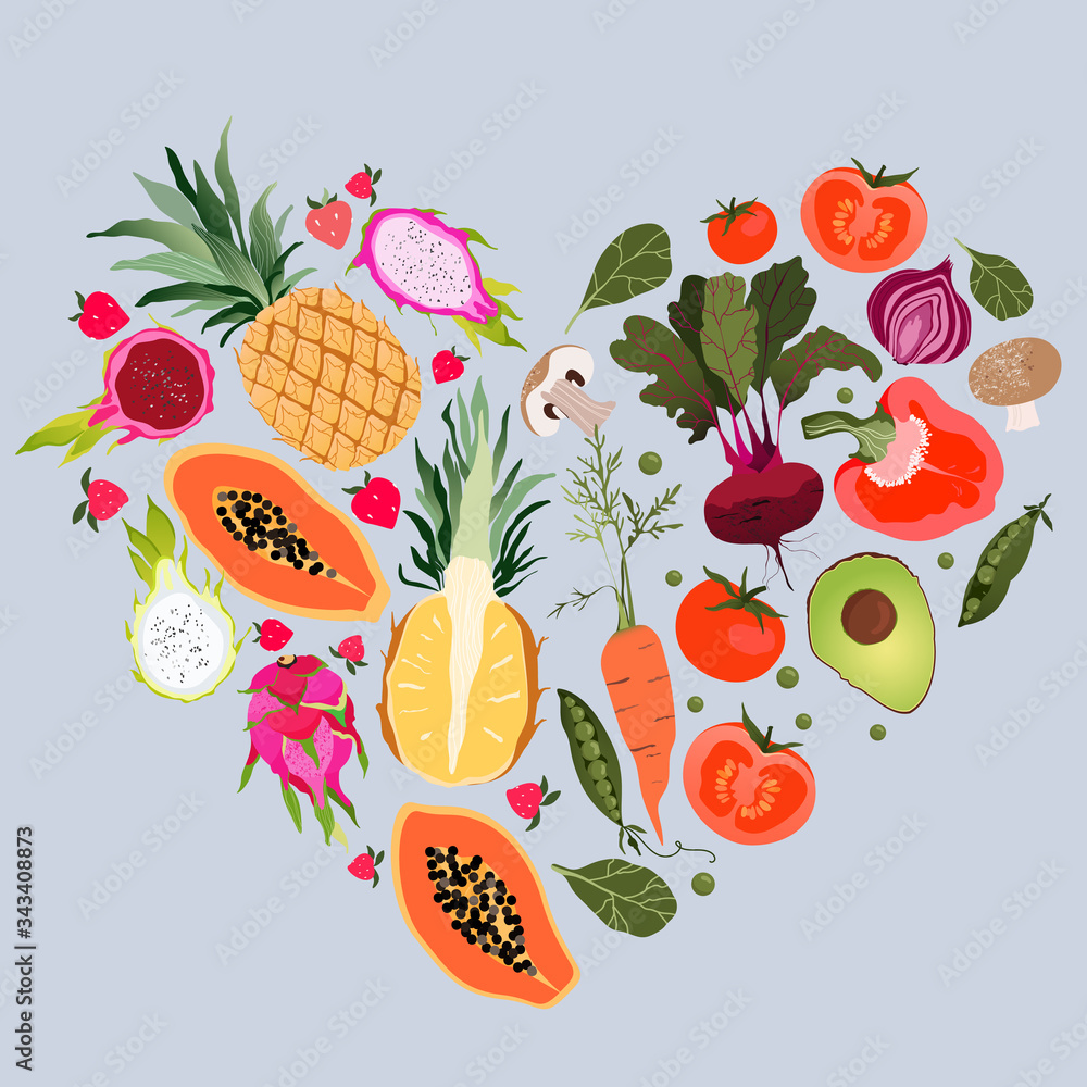 Fruit and vegetable heart. Healthy eating and fitness concept. A