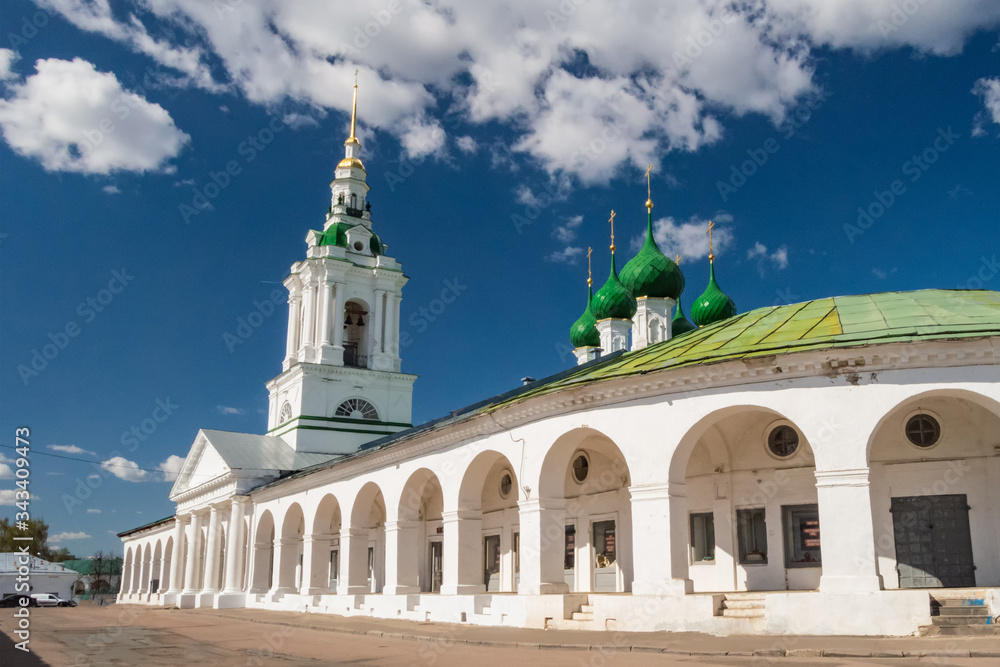 Kostroma, Russia. Church of the Saviour in the Rows on a Sunny summer day against the blue sky. Shopping malls in Kostroma. Golden ring of Russia.