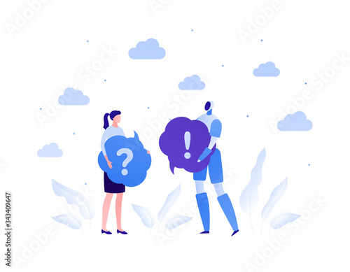 Chat bot ai and customer service support concept. Vector flat person illustration. Robot and woman character hold question and exclamation mark in speech bubble sign. Design element for banner, web.