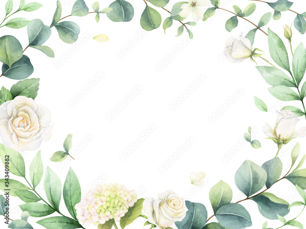 Watercolor vector card with eucalyptus leaves and roses.