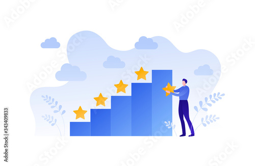 Ladder of success and marketing business concept. Vector flat person illustration. Man character hold and place star sign on top of stair. Design for banner, poster, web social media, customer service