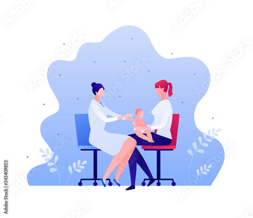 Vaccination campaign concept. Vector flat person illustration. Mother with child. Female doctor shot injection by syringe to baby. Design element for health care medical banner, poster, infographic.