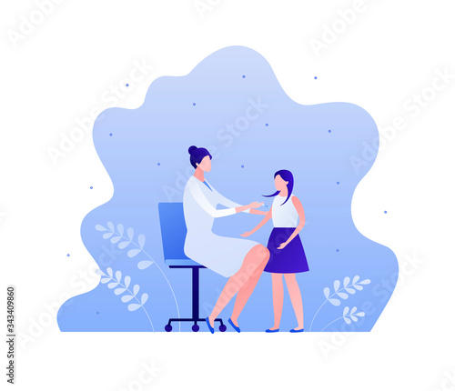 Vaccination campaign concept. Vector flat person illustration. Pediatrician medicine. Woman doctor shot injection by syringe to girl. Design element for health care medical banner, poster, infographic