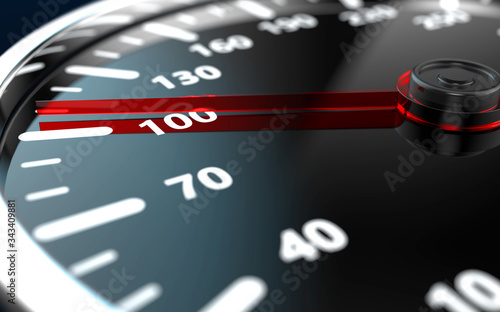 Close up of a car speedometer with red needle