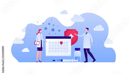 Vaccination campaign concept. Vector flat person illustration. Virus protection. Doctor team. Calendar, shield, syringe symbol. Design element for health care medical banner, poster.