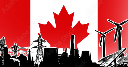 Energy production in Canada vector with solar panels, wind turbine, atomic and heat power plants and electric lines