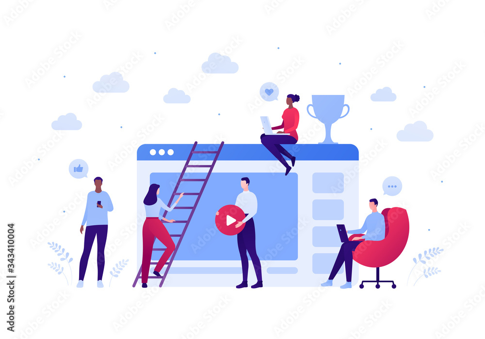 Social media blogger and online education cource concept. Vector flat person illustration. Team of people making video. Trophy success, laptop and smartphone sign. Design for banner, web, infographic
