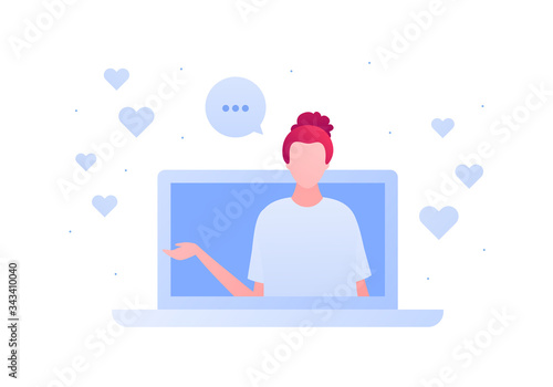 Social media blogger and online education cource concept. Vector flat person illustration. Female character on laptop computer screen. Speech bubble and hearts. Design for banner, web, ad, infographic