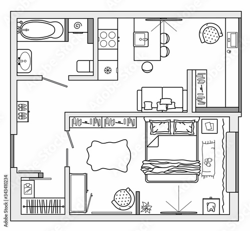 Architectural plan of studio apartment with kitchen and bedroom. Small house top view. Floor plan with furniture placement. The interior design project. Vector.