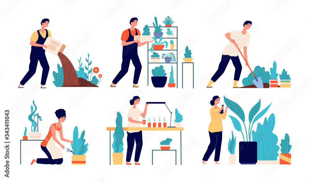 People planting. Woman working on ground. Cartoon harvesting, person gardening hobby. Flat agriculture, botanist growing plants vector set. Hobby cultivate flower gardening, farming illustration