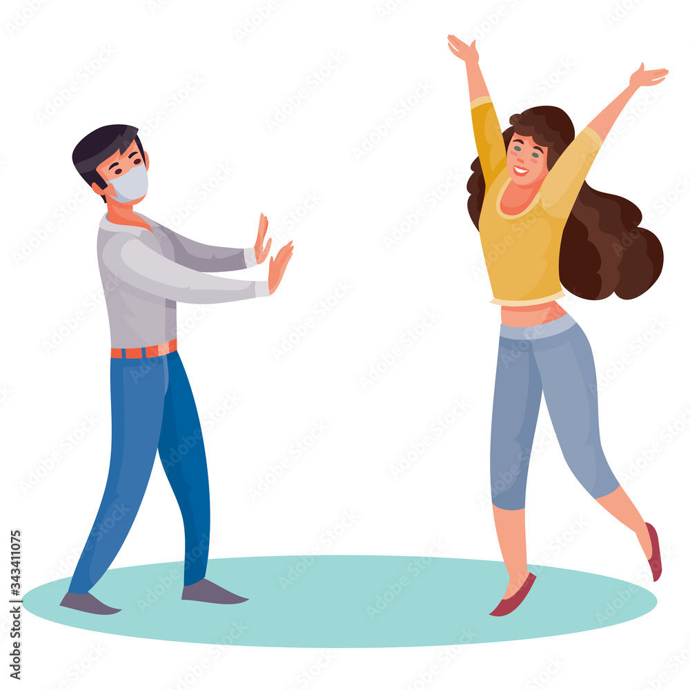 a masked man in fear protects himself from a woman who, with raised hands in delight and without a mask, goes to him, isolated object on a white background, quarantine, virus, vector illustration, a masked man in fear protects himself from a woman who, with raised hands in delight and without a mask, goes to him, isolated object on a white background, quarantine, virus, vector illustration,