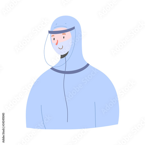 Doctor in coverall suit against covid, face mask and protective face shield, safety clothes for medical staff, overall costume, smiling kind physician
