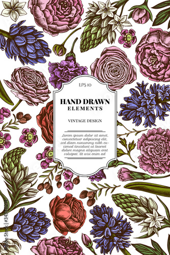 Card design with colored peony, carnation, ranunculus, wax flower, ornithogalum, hyacinth