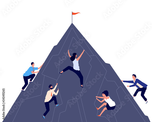 Business climbing. Men women active climb. Success entrepreneur, ambition and professional growth. Businessman competition vector. Success business and successful achievement teamwork illustration