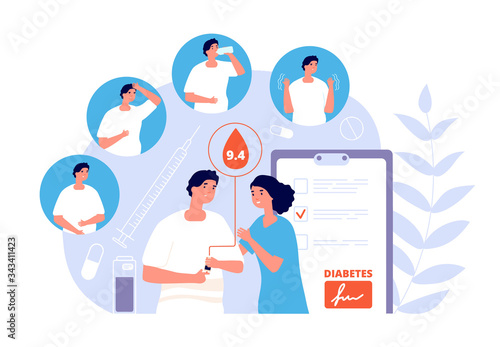 Diabetes mellitus. Glucose blood test. Insulin, sugar meters and disease symptoms. Medical healthcare, diabetic diagnosis vector concept. Illustration sugar test, insulin and diabetic blood