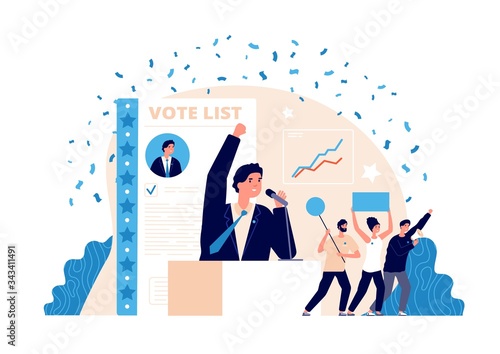 Political leader. Ideology strategy, elections and voting. Speaker or candidate campaign. Fake persuader, people manipulation vector concept. Strategy political, ballot and wants vote illustration
