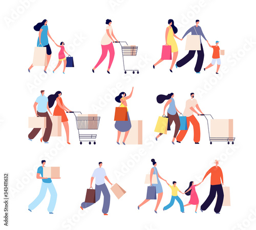 Family shopping. Consumers, woman buy food or clothes. Isolated people with bag for shop. Kids and adult fashion shoppers vector characters. Family purchase, young woman in supermarket illustration