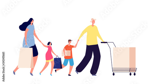 Family on shopping. Beauty people, couple with shop cart. Flat happy customers. Isolated woman, kids and man with bags vector illustration. Supermarket retail, father mother son and daughter shopping