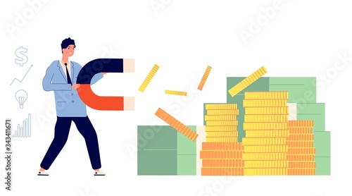 Investment magnete. Investing gold, magnet attracted coins. Huge growth, finance energy. Man magnetic power motivation vector illustration. Investment money, finance success attraction