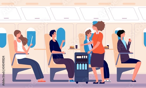 Airline service. Human transportation, stewardess served drink and food. Woman drinking men eating. Flight on airplane vector illustration. Airline stewardess transportation, woman service crew
