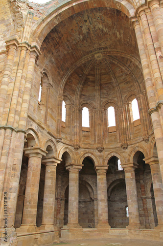 Remains of the Romanesque church of the Moreruela Abbey, a former Cistercian monastery in the province of Zamora in Castile and Leon, Spain.