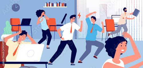 Angry boss. Office confrontation, nervous manager. Corporate chaos and panic. Businessman shouting, workers shocked vector illustration. Boss office panic, stress employee, rush and chaos
