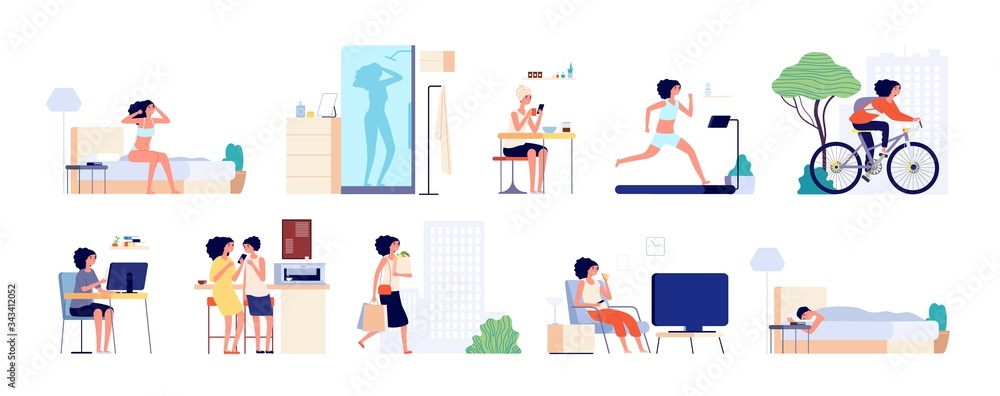 Woman daily routine. Businesswoman day, girl city life. Female ...
