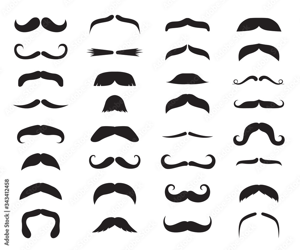 Moustache icons. Black moustaches, man accessories or props. Barber