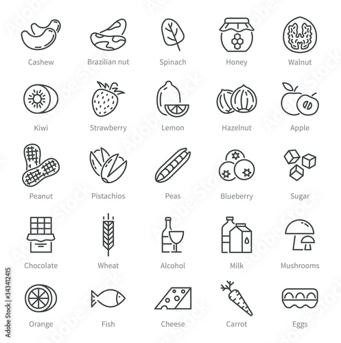 Food allergens. Simple allergen icons. Alcohol and seeds, nuts, honey. Celiac, intolerance gluten ingredients. Health labels vector symbols. Illustration food allergy symbol, gluten and lactose